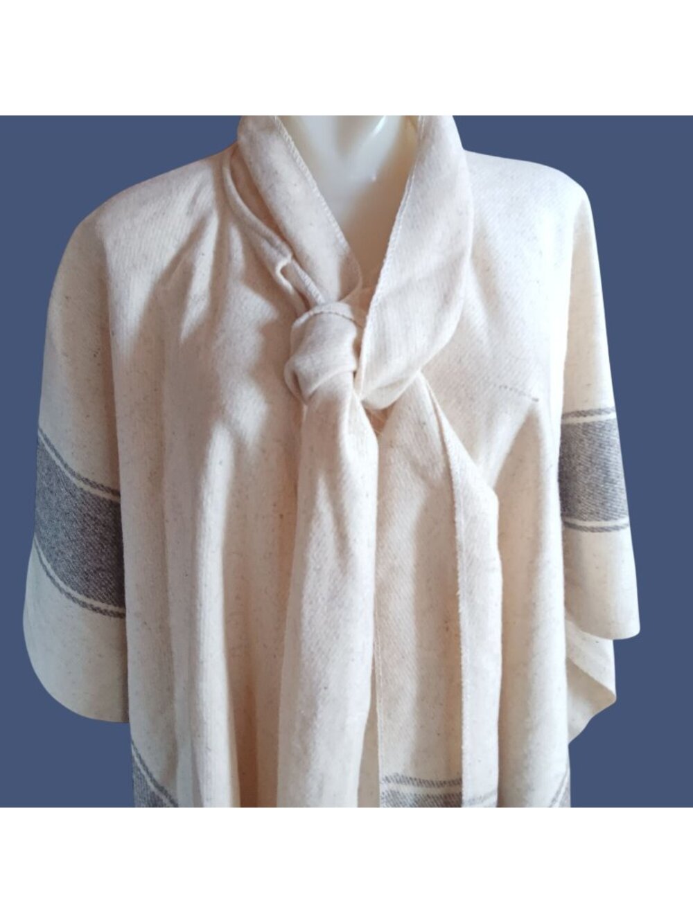 Vintage Medium Boho Poncho Beige & Gray Striped Wool Fringe Hem 1980's Necktie